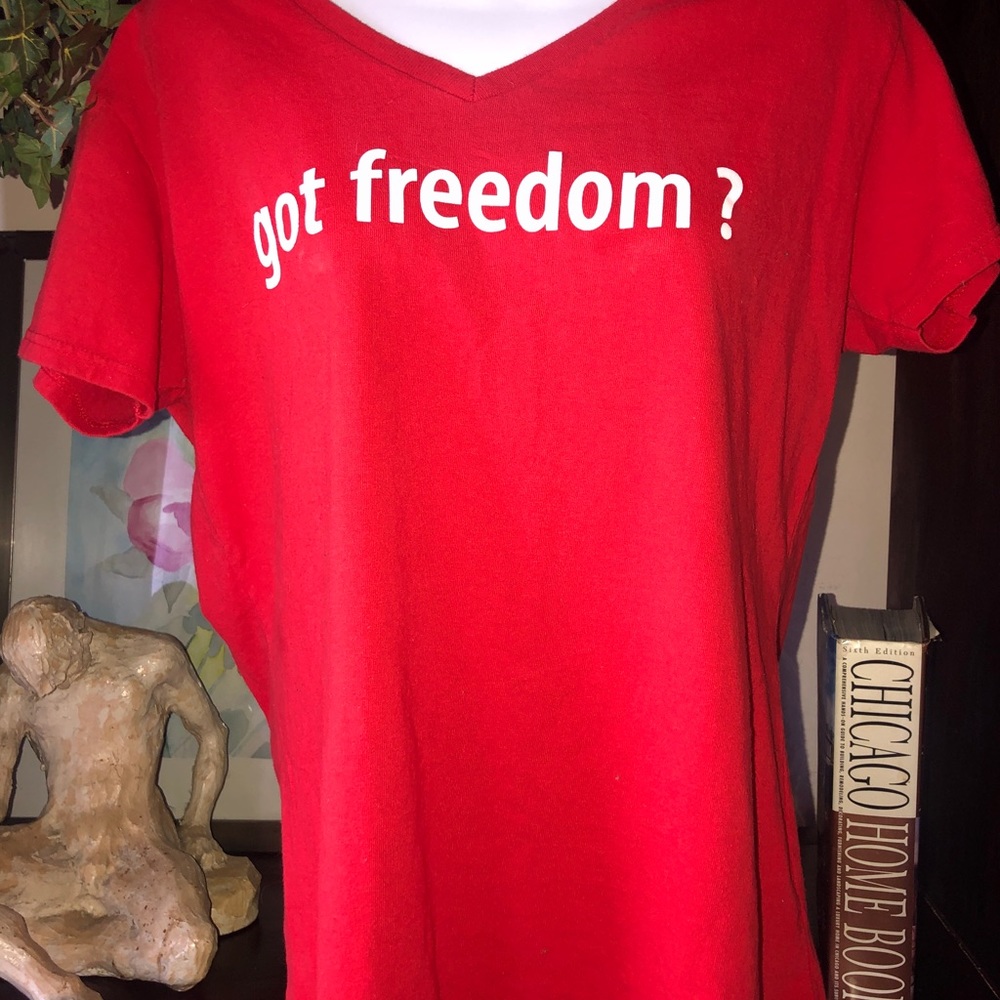 Got Freedom Red V Neck  woman’s short sleeve 100% cotton T-shirt 4th of July